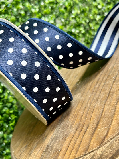 1.5 Inch By 10 Yards Navy Blue And White Polka Dot With Stripe Backing Fused Ribbon
