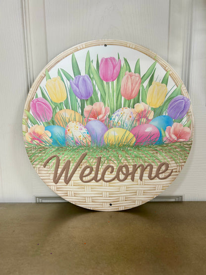 12 Inch Metal Welcome Basket With Eggs Sign