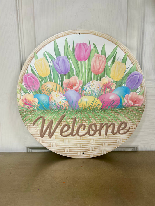 12 Inch Metal Welcome Basket With Eggs Sign