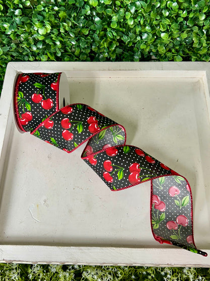 2.5 Inch By 10 Yards White Dots And Cherries Ribbon