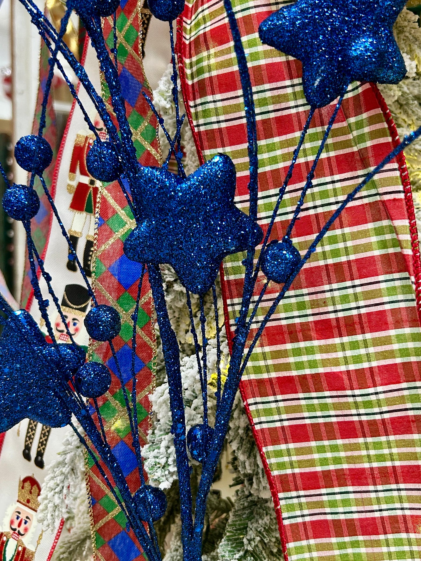 34 Inch Dark Blue Glitter Star Berry Pine Spray