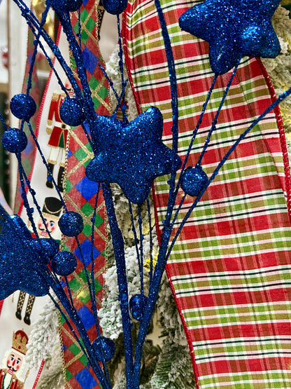 34 Inch Dark Blue Glitter Star Berry Pine Spray