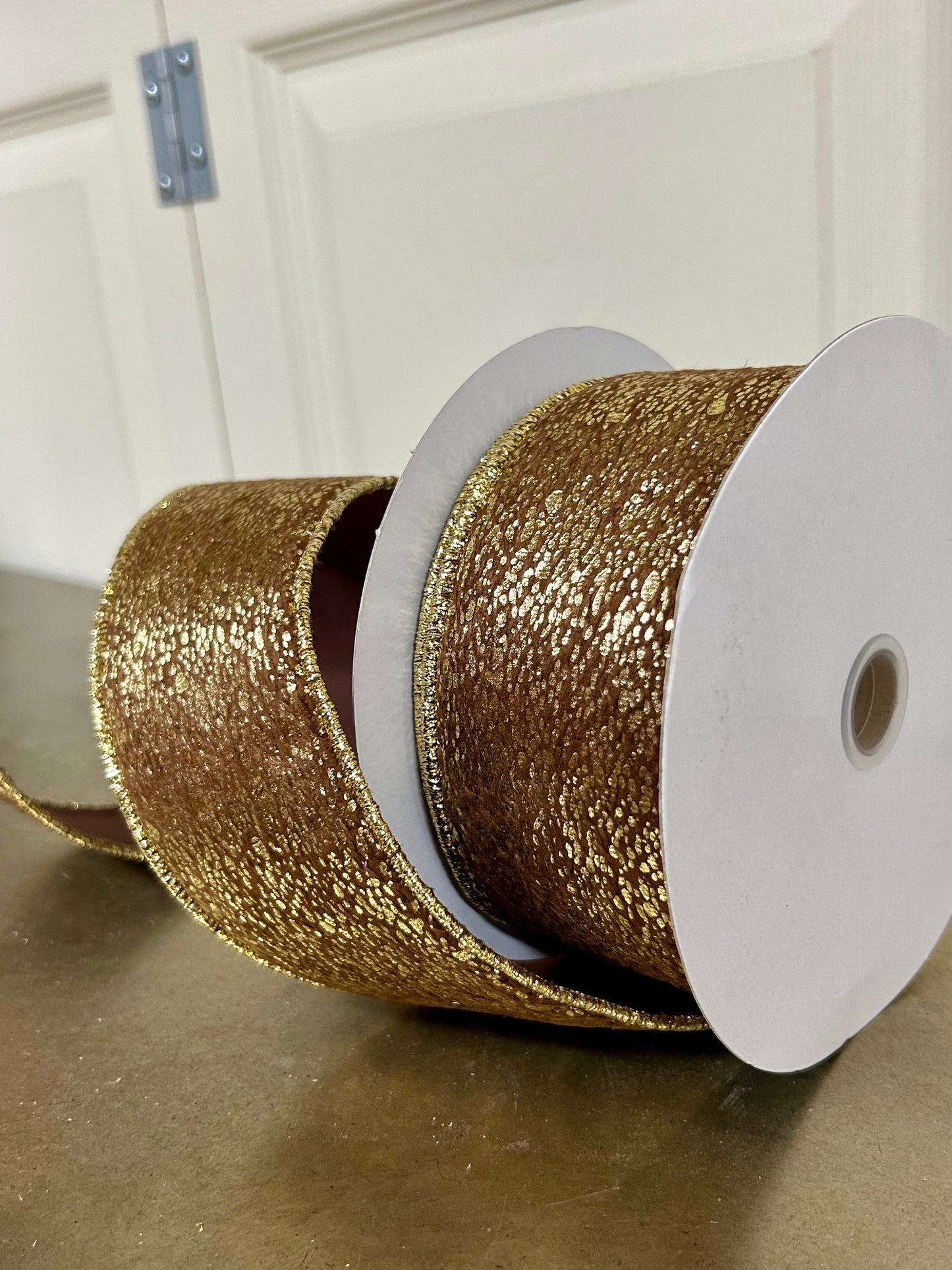 2.5 Inch By 10 Yard Brown Short Fur Gold Metallic Ribbon
