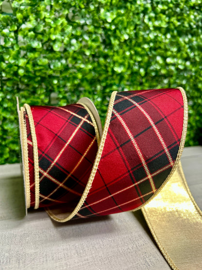 John Mark 2.5 Inch By 10 Yard Burgundy Plaid Fused Metallic Gold Backing Ribbon
