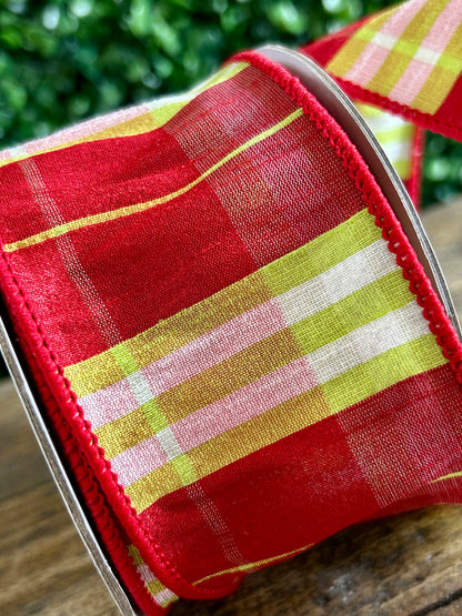 2.5 Inch By 10 Yard Red And Lime Plaid Dupioni Ribbon
