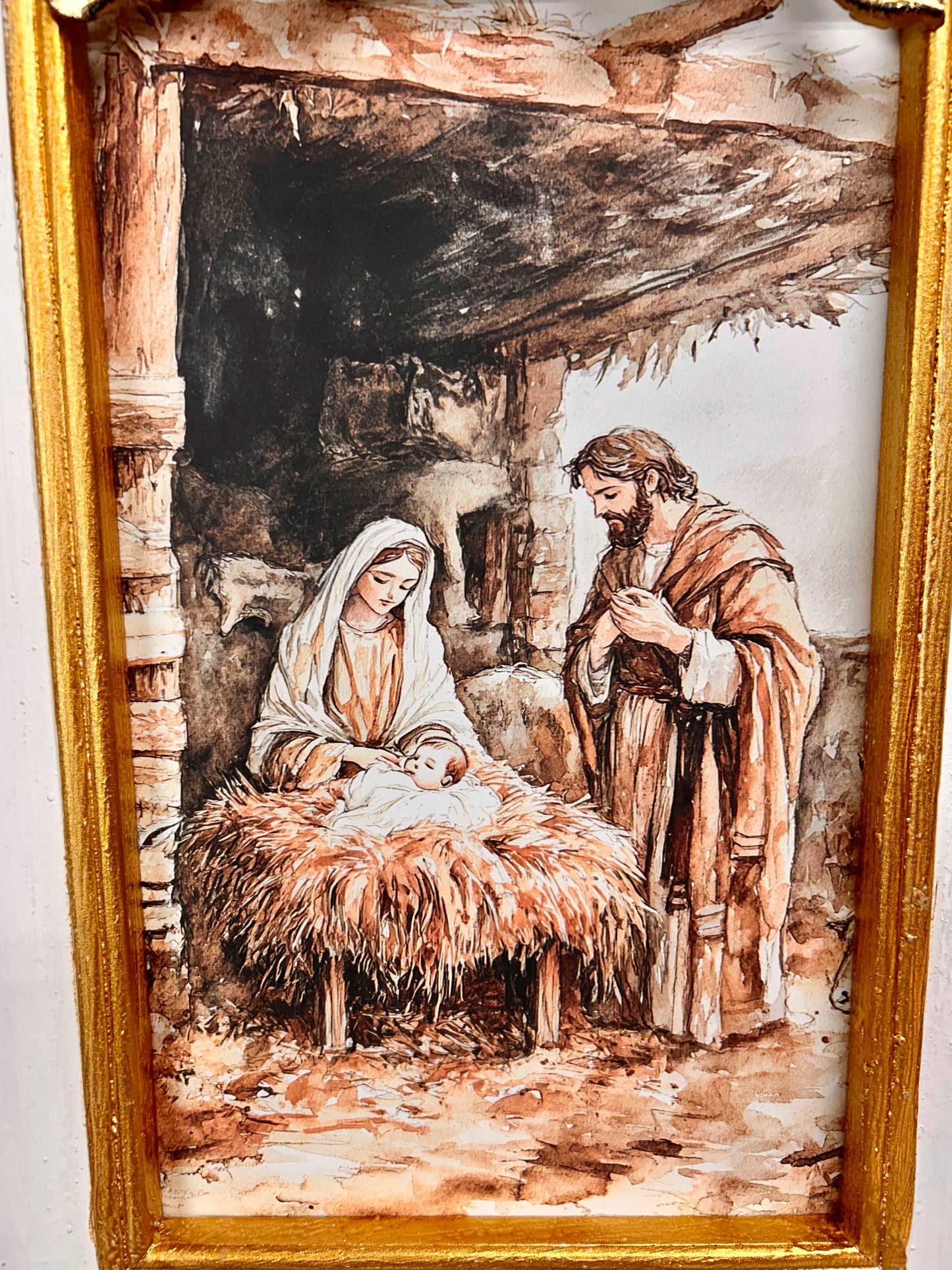 White And Gold Nativity Picture Frame With Bow