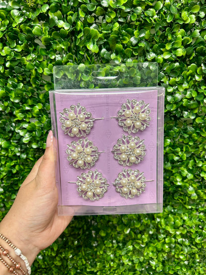 1.75 Inch Silver Rhinestone And Pearl Floral Pins Six Pack