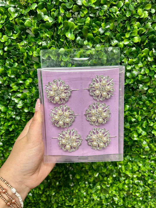 1.75 Inch Silver Rhinestone And Pearl Floral Pins Six Pack