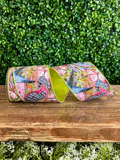 D. Stevens 4 Inch By 10 Yard Pink Aqua And Blue Spring Floral Butterfly And Bird With Lime Backing Ribbon