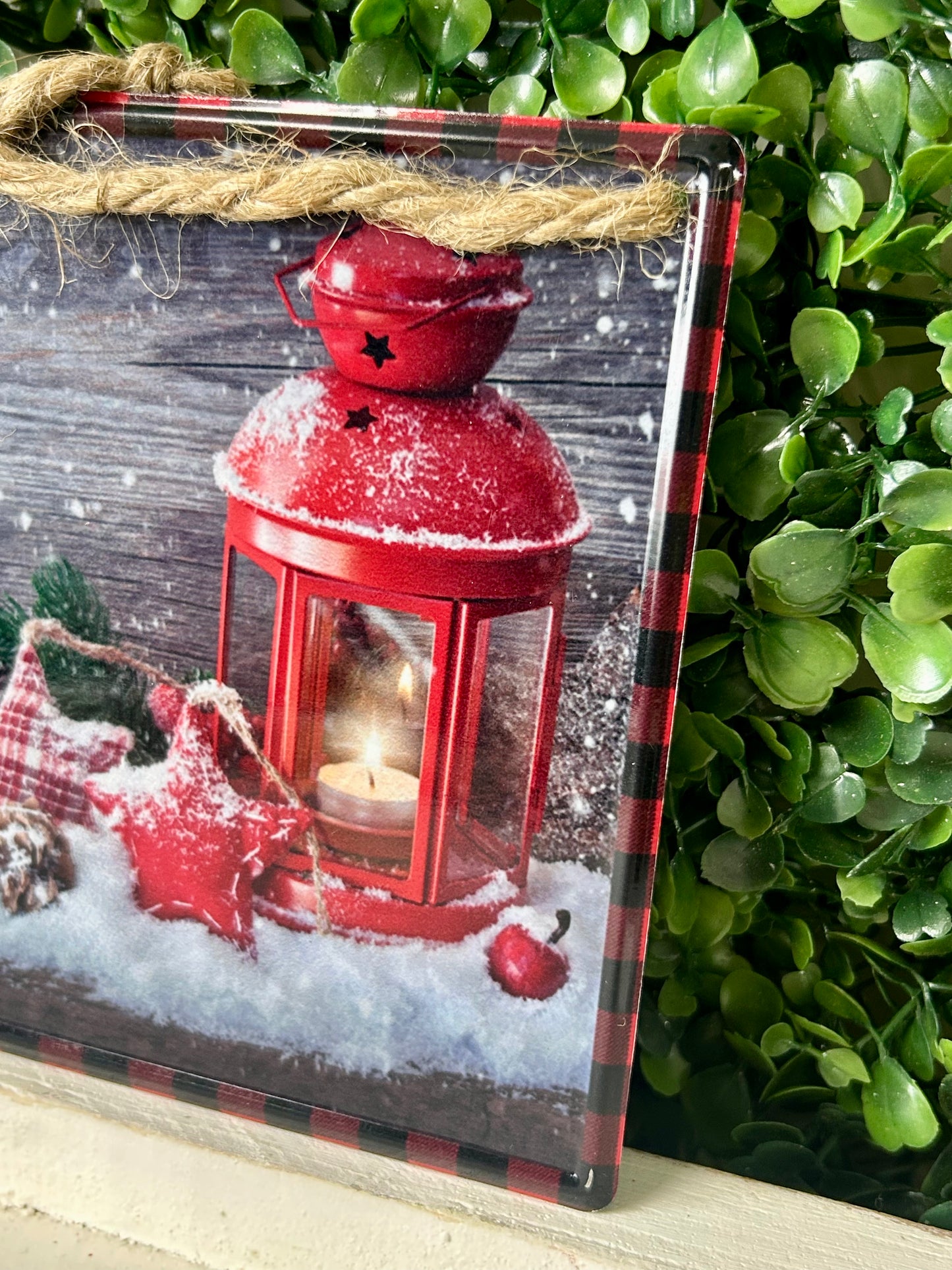 5 Inch Square Snowy Lantern With Ornament Metal Sign
