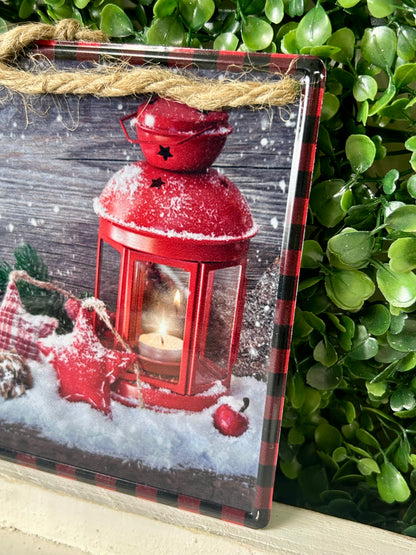 5 Inch Square Snowy Lantern With Ornament Metal Sign