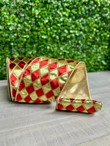 4 Inch By 5 Yard Green Red Gold Glitter Diamond Velvet Ribbon
