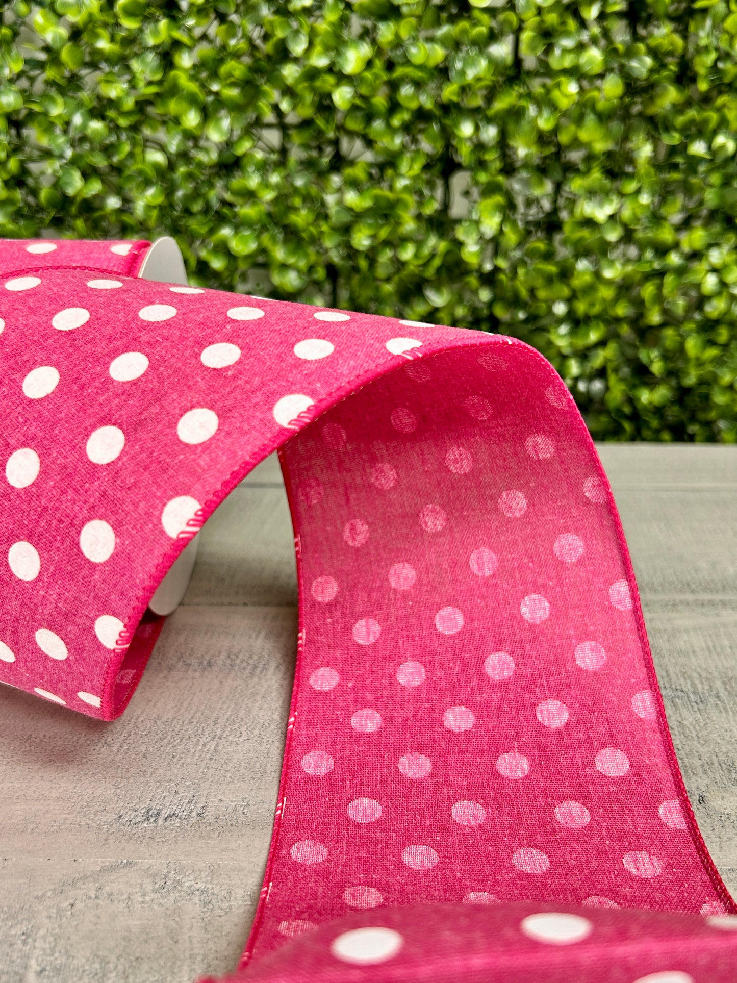 4 Inch By 10 Yard Fuchsia Polka Dot Linen Ribbon