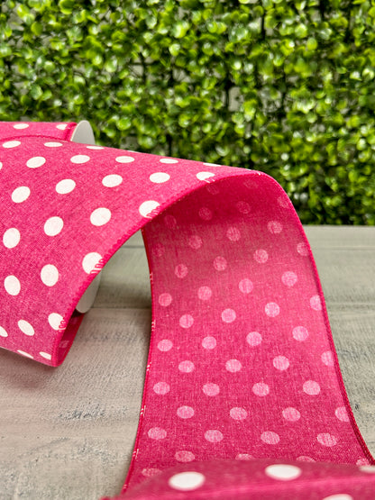 4 Inch By 10 Yard Fuchsia Polka Dot Linen Ribbon