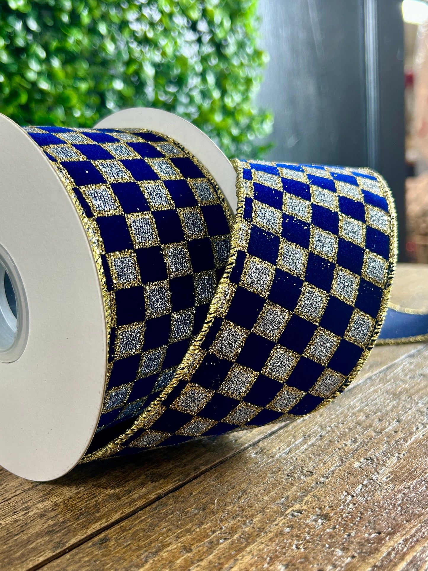 2.5 Inch By 10 Yard Navy And Silver Velvet Glitter Check Ribbon