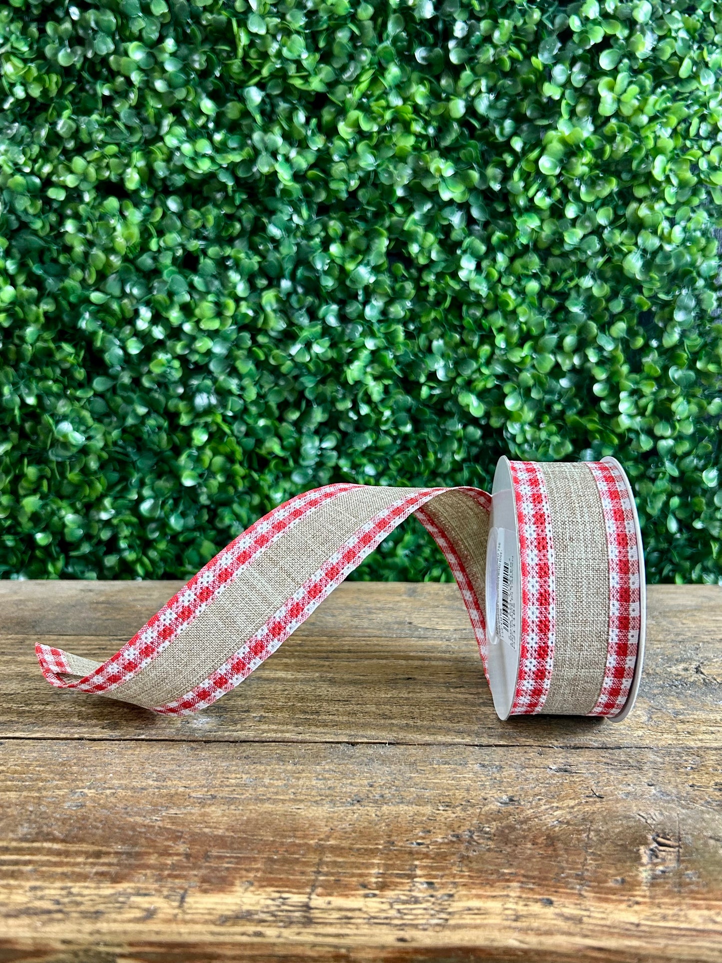 1.5 Inch Natural And Red Linen Gingham Check Ribbon