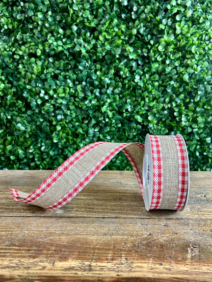 1.5 Inch Natural And Red Linen Gingham Check Ribbon