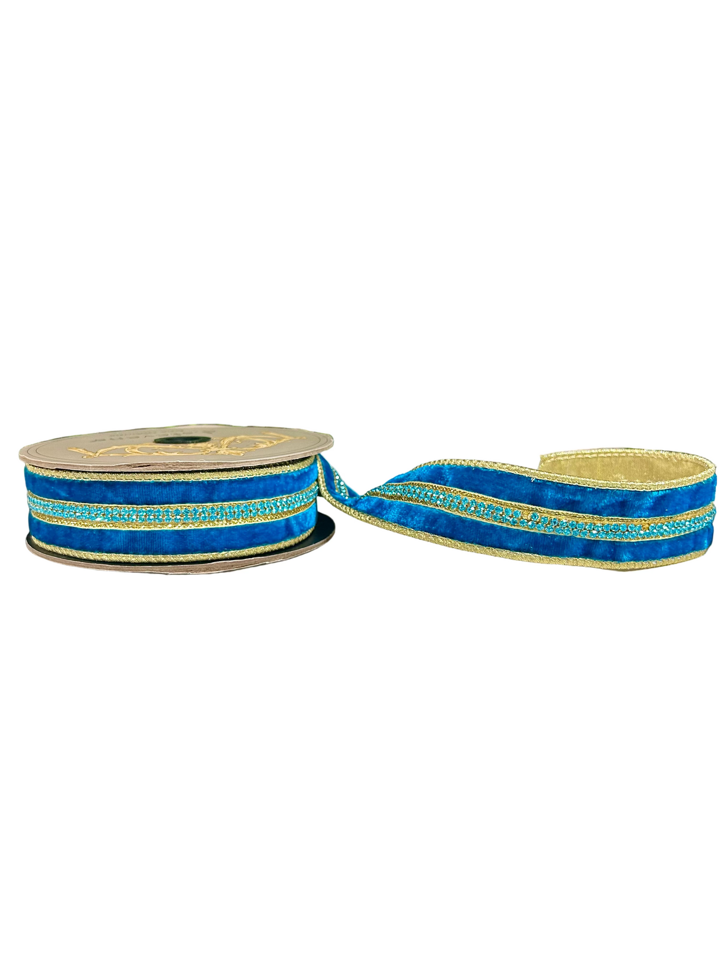 1.5 Inch By 5 Yards Teal And Gold Velvet With Jewel Center Ribbon