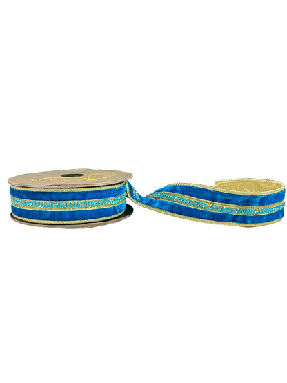 1.5 Inch By 5 Yards Teal And Gold Velvet With Jewel Center Ribbon