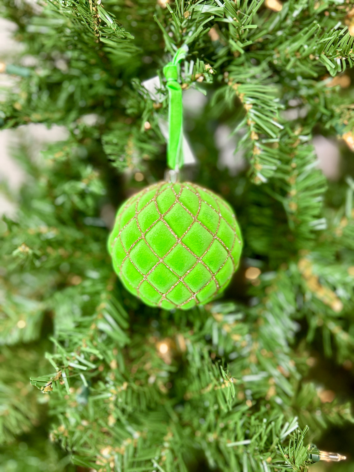 4 Inch Apple Green Flocked Ornament Ball With Glitter