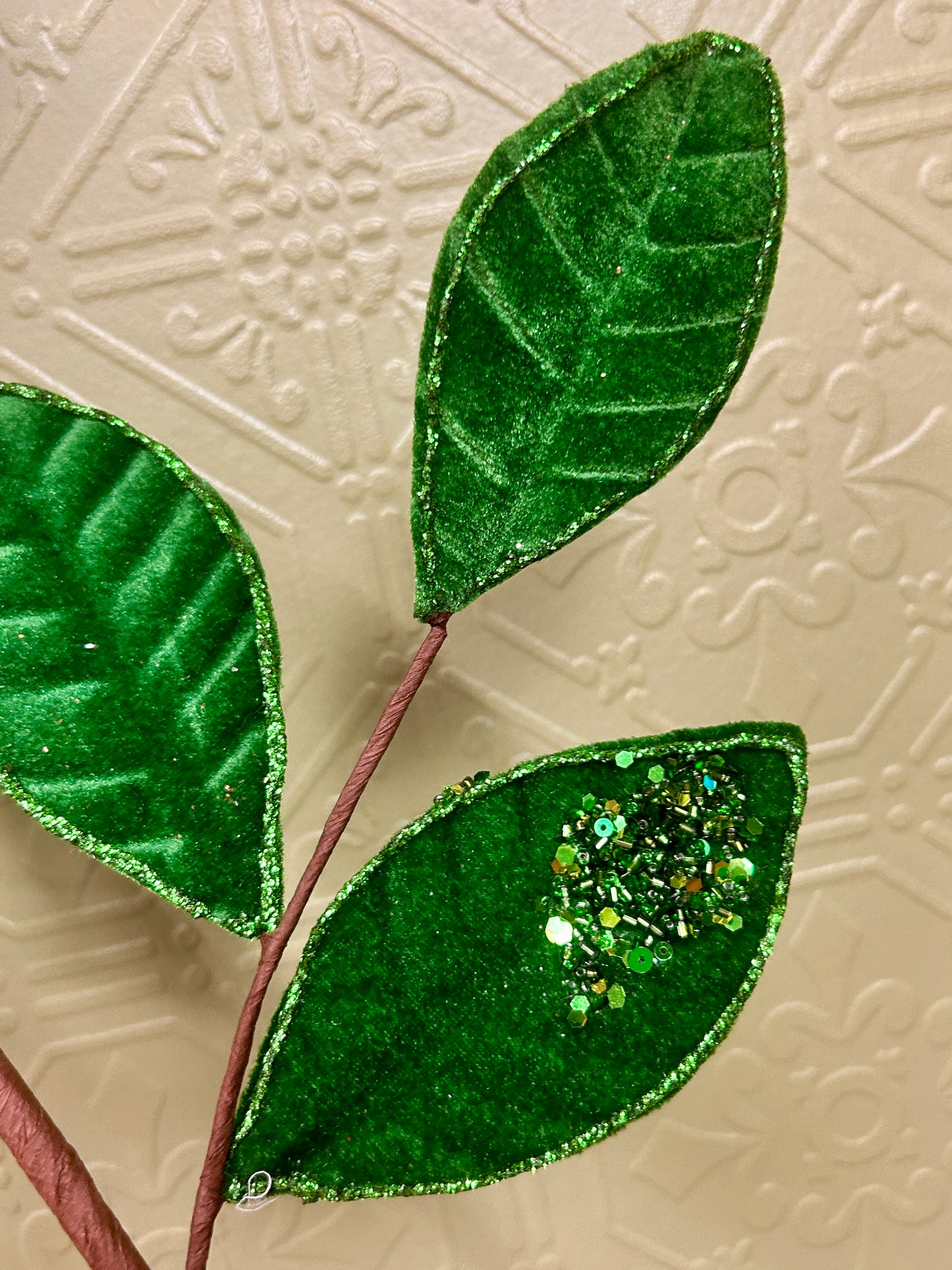 27 Inch Emerald Green Velvet And Glitter Magnolia Leaf Spray