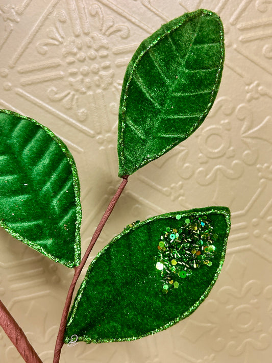 27 Inch Emerald Green Velvet And Glitter Magnolia Leaf Spray