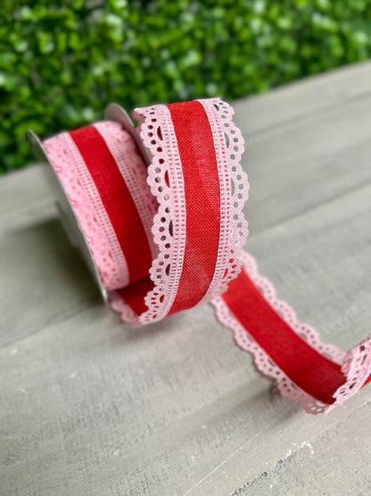 1.5 Inch By 10 Yard Light Pink And Red Lace Edge Royal Burlap Ribbon