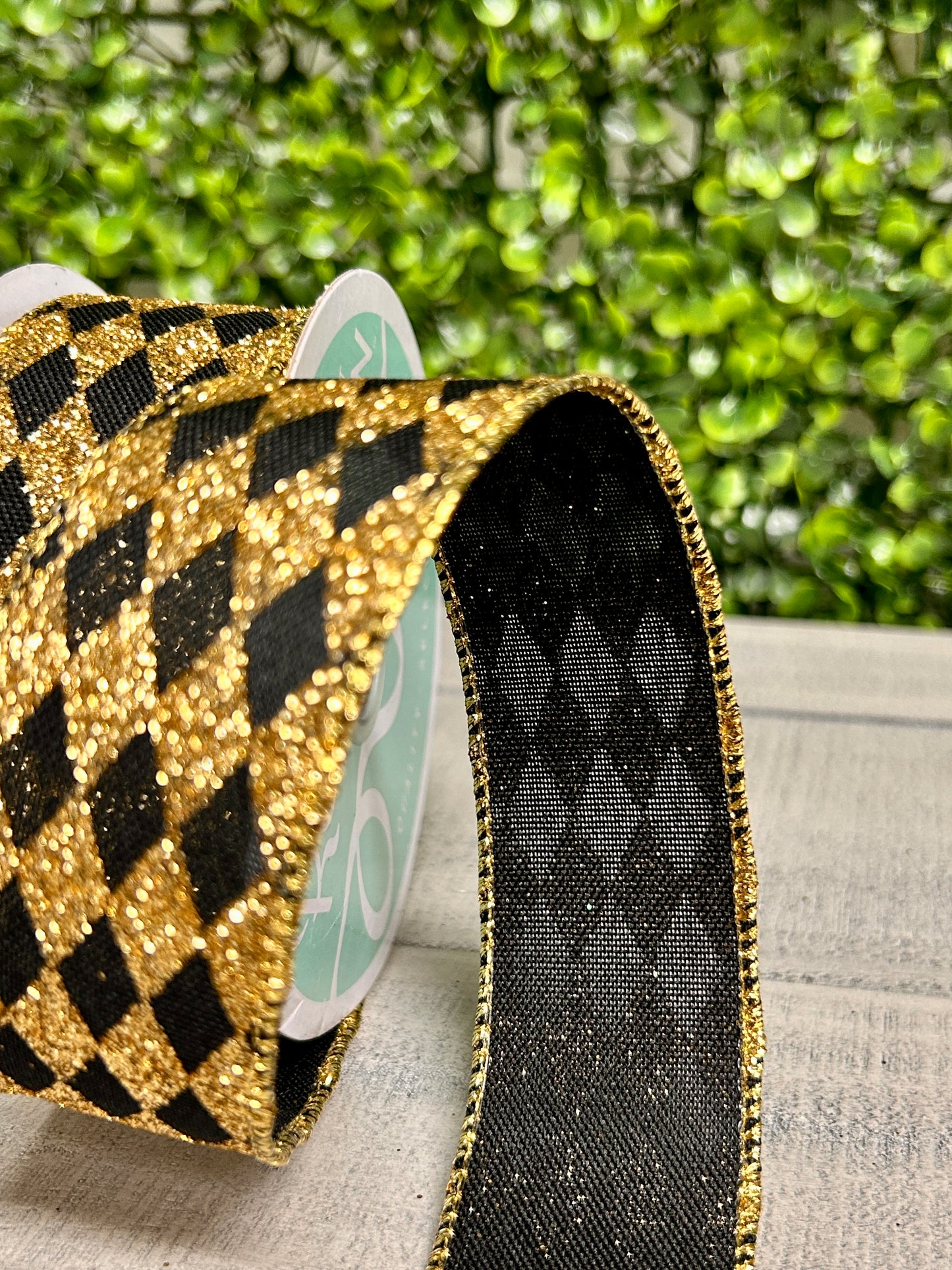 1.5 Inch By 10 Yard Black And Gold Glitter Harlequin Ribbon