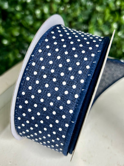 1.5 Inch By 10 Yard Navy Blue And White Raised Swiss Dots On Royal Ribbon