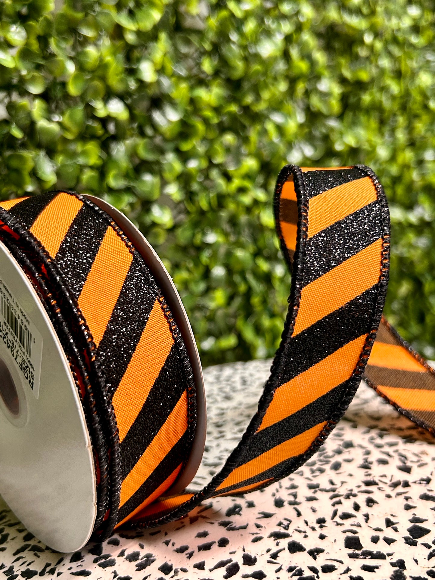 7/8 Inch By 10 Yard Orange And Black Diagonal Glitter Stripe Ribbon