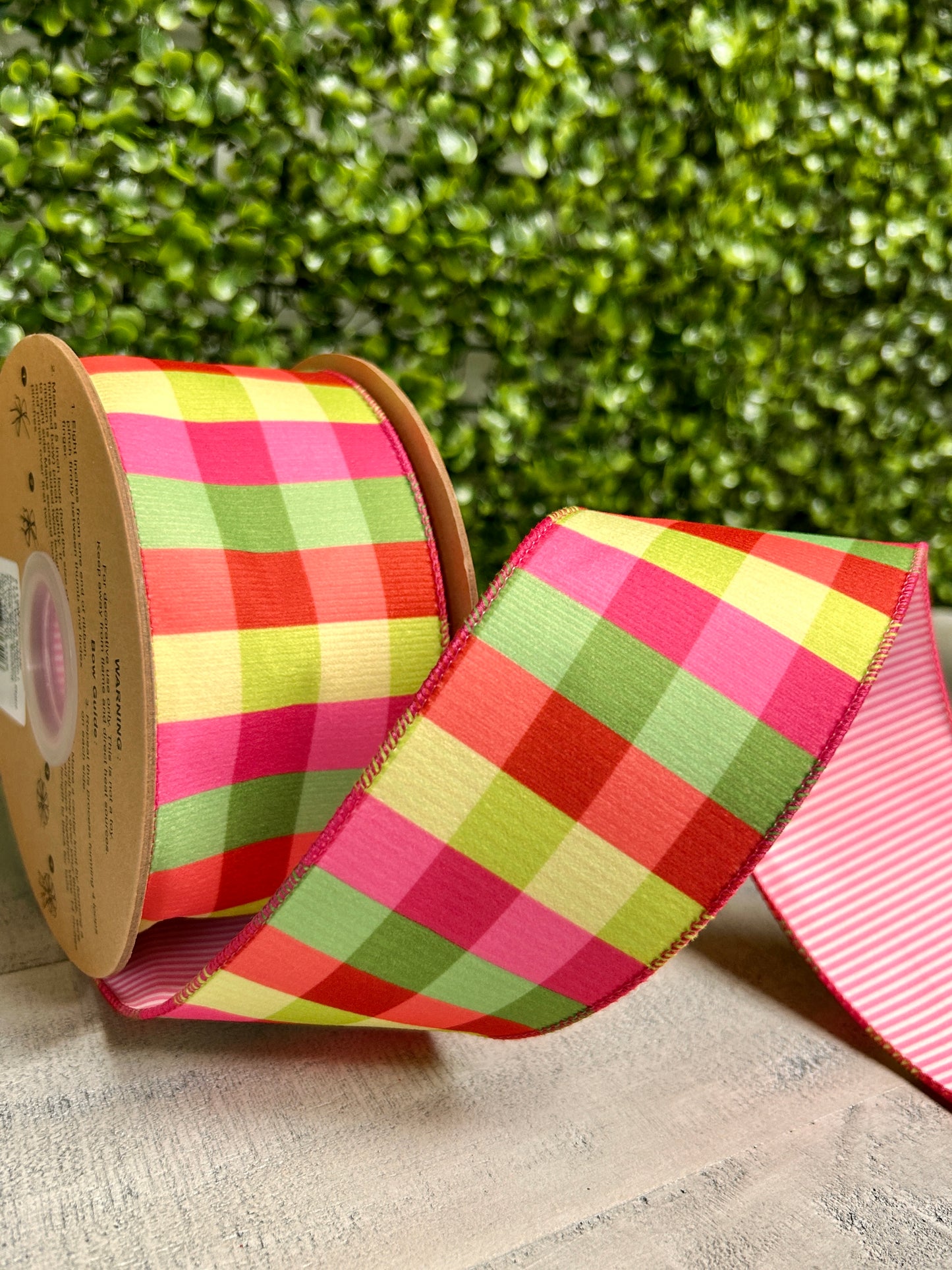 2.5 Inch By 10 Yard Flourescent Pink Green Plaid With Pink Stripe Back Ribbon