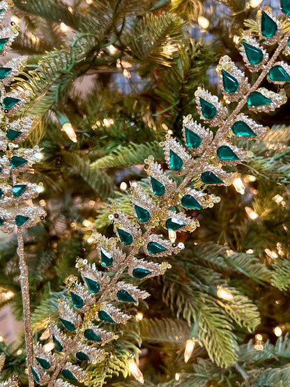 34.5 Inch Green Glittered Rhinestone Mini Leaf Spray