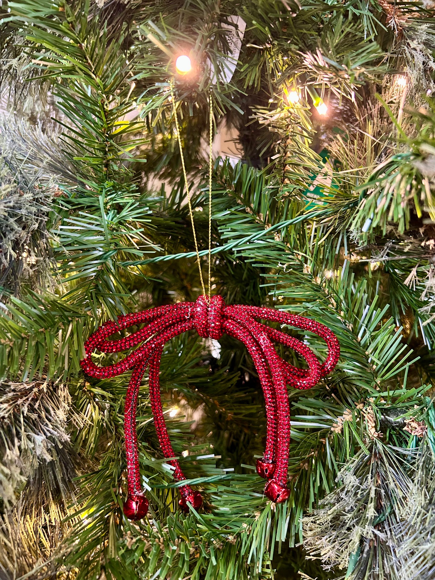 5.5 Inch Red Sparkle Bow With Bells Ornament