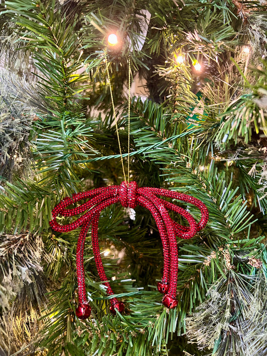 5.5 Inch Red Sparkle Bow With Bells Ornament