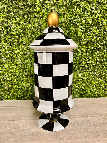 15 Inch Black And White Check Glass Jar