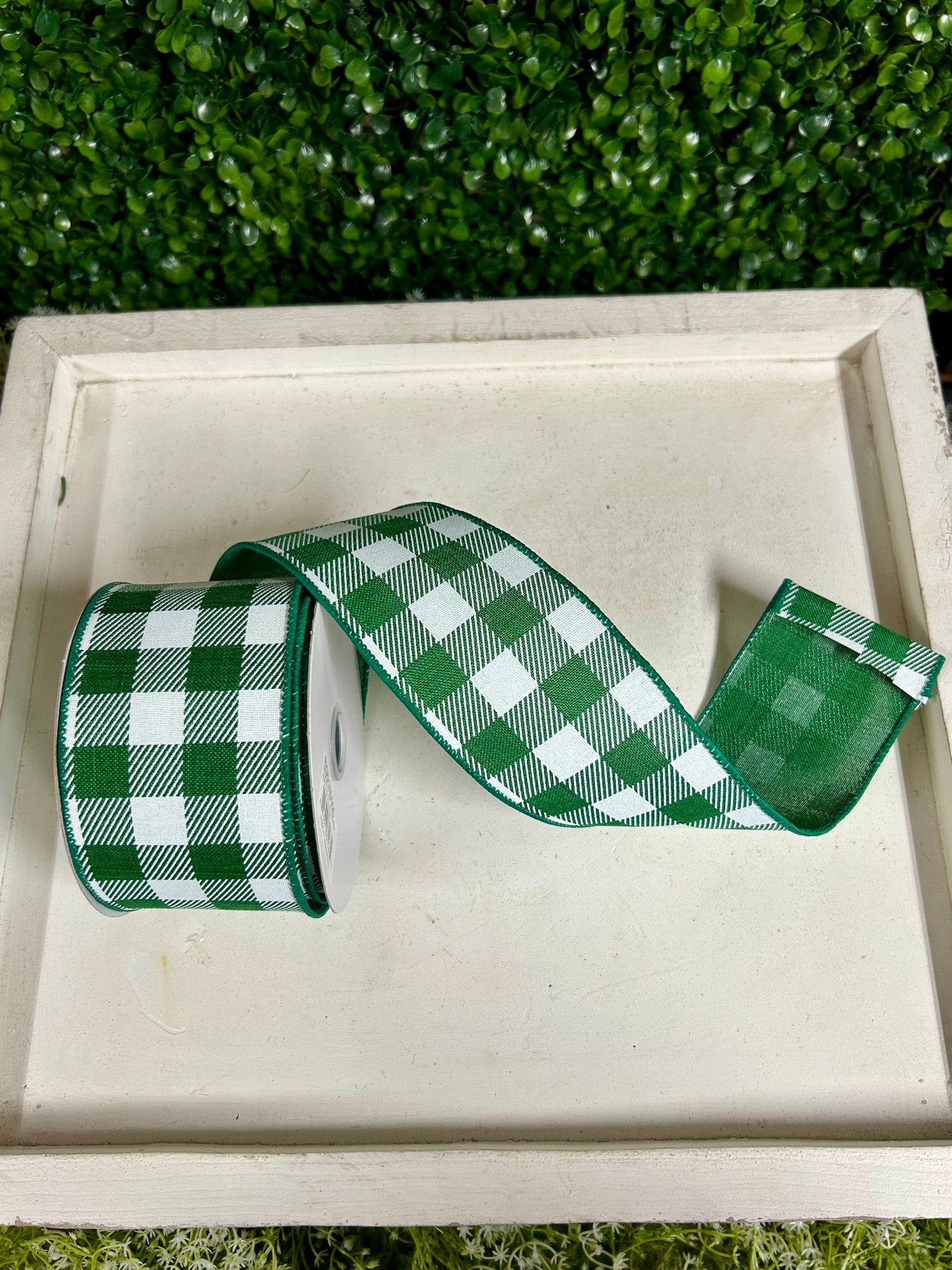 2.5 Inch By 10 Yard Emerald Green And White Check On Royal Ribbon