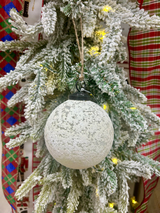 4 Inch Matte White And Clear Rustic Glass Ball Ornament