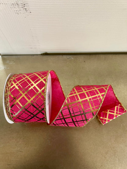 2.5 Inch By 10 Yard Hot Pink And Gold Metallic Thick And Thin Diagonal Plaid Ribbon