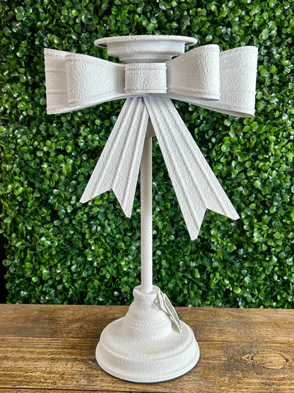 15 Inch White Metal Bow Candle Holder
