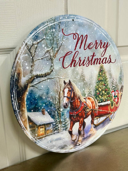 12 Inch Horse With Sleigh Merry Christmas Metal Sign