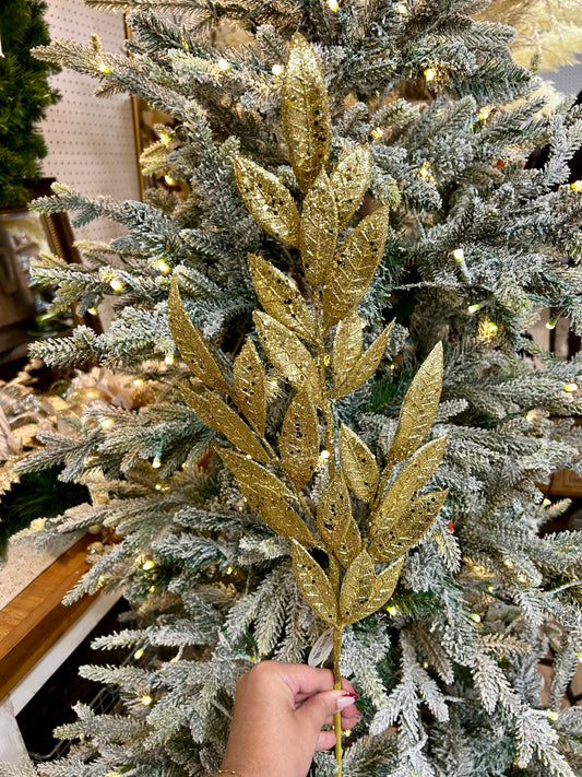 29 Inch Gold Glitter Bay Leaf Spray
