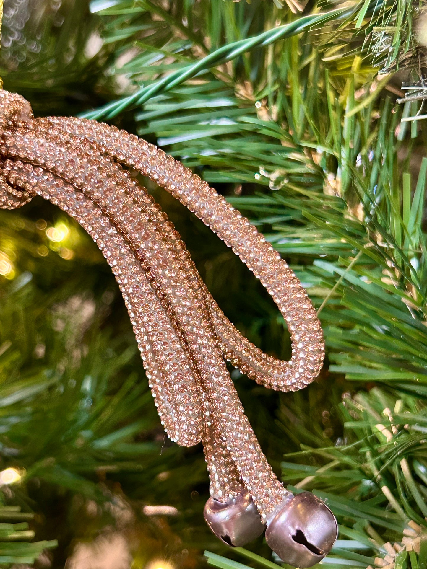 5.5 Inch Rose Gold Sparkle Bow With Bells Ornament