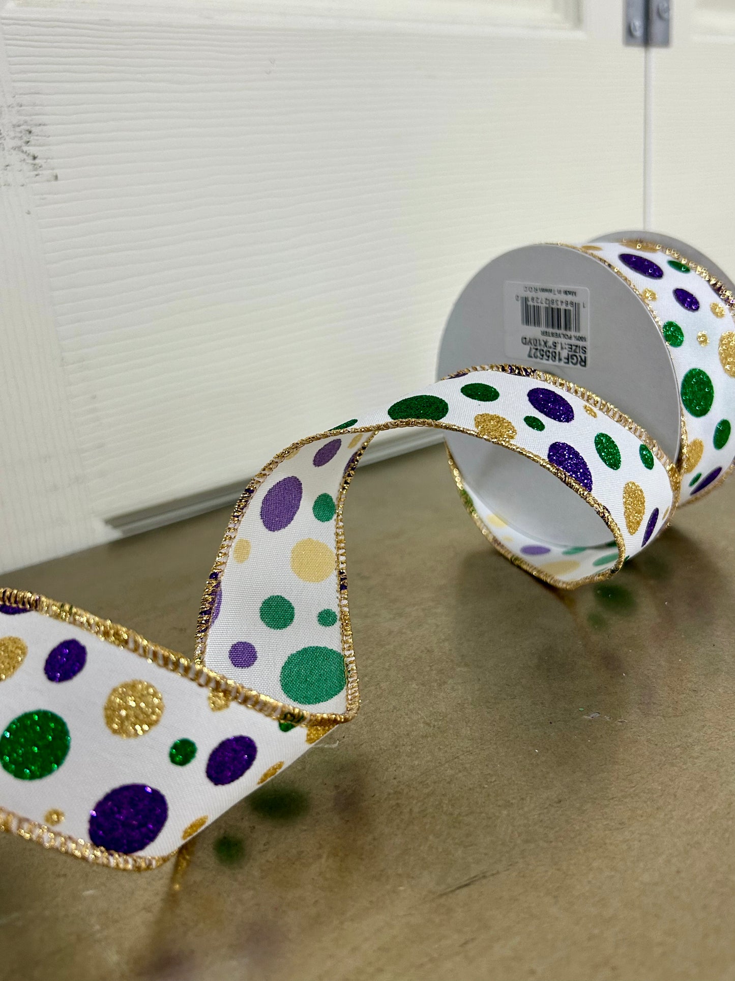1.5 Inch By 10 Yard Purple Green And Gold Polka Dot Ribbon