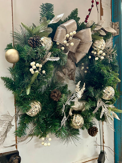 25 Inch Pre Lit Silver Reindeer And Pinecone Wreath