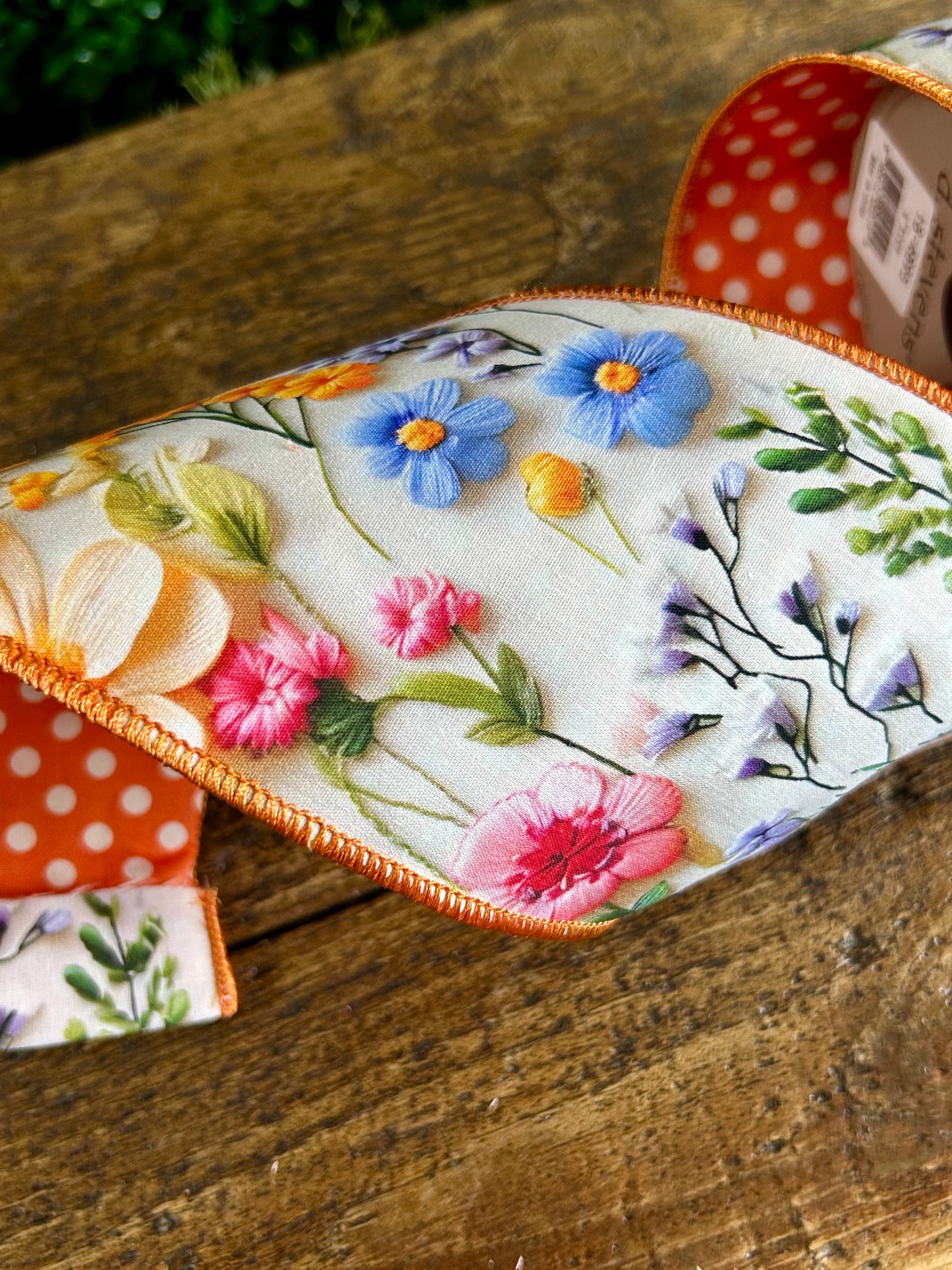 D. Stevens 4 Inch By 10 Yard Orange Pink And Blue Poplin Mix Flower Collage With Polka Dot Backing Ribbon