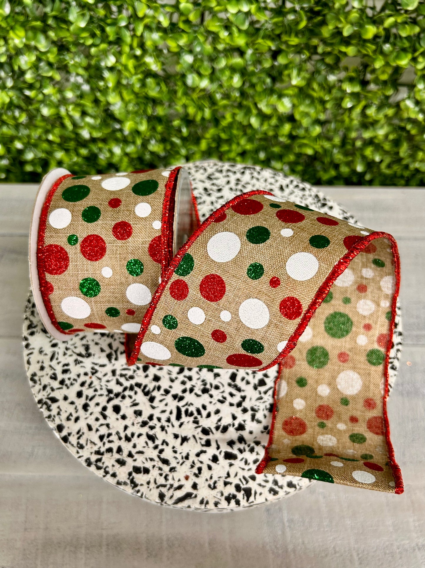 2.5 Inch By 10 Yard Beige White Emerald And Red Polka Dot Ribbon