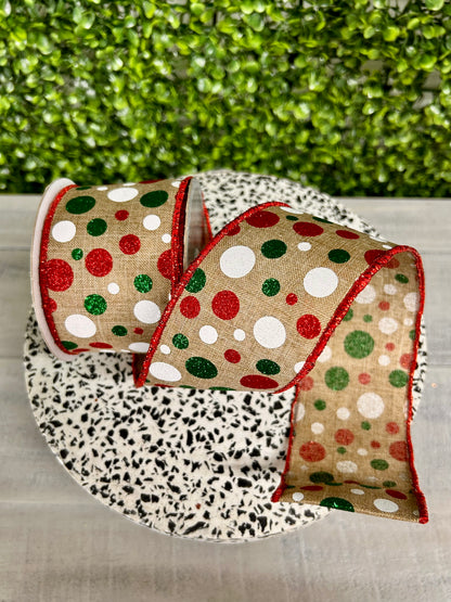 2.5 Inch By 10 Yard Beige White Emerald And Red Polka Dot Ribbon