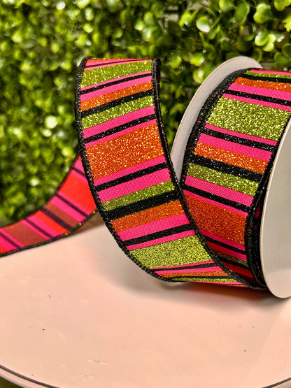 1.5 Inch By 10 Yard Hot Pink Lime Black And Orange Horizontal Stripe Ribbon
