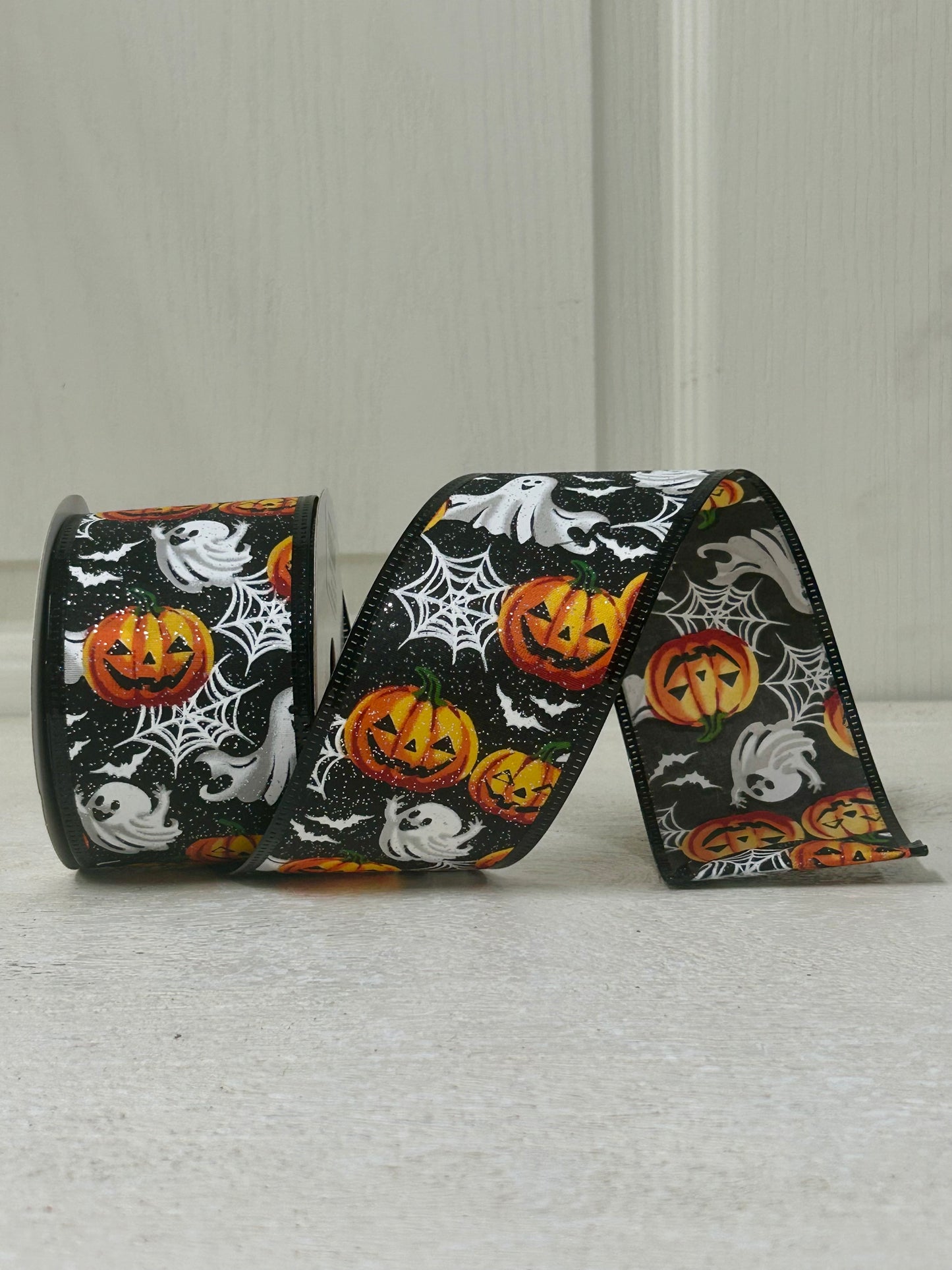 2.5 Inch By 10 Yard Black Glitter Ghosts Pumpkin Bats And Spider Webs Ribbon