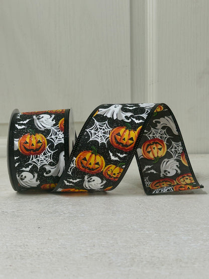 2.5 Inch By 10 Yard Black Glitter Ghosts Pumpkin Bats And Spider Webs Ribbon